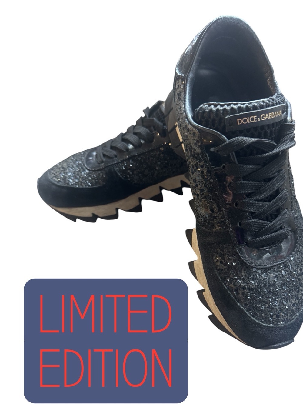 💯Authentic Dolce & Gabbana Black Sparkle Zig-Zag Sole Sneakers